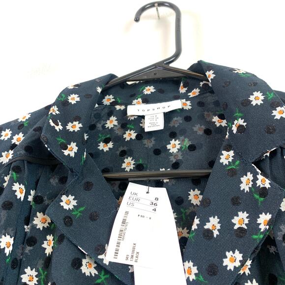 NWT Topshop Flock Daisy Floral Button Front Semi Sheer Blouse Black Size 4 - Picture 5 of 7